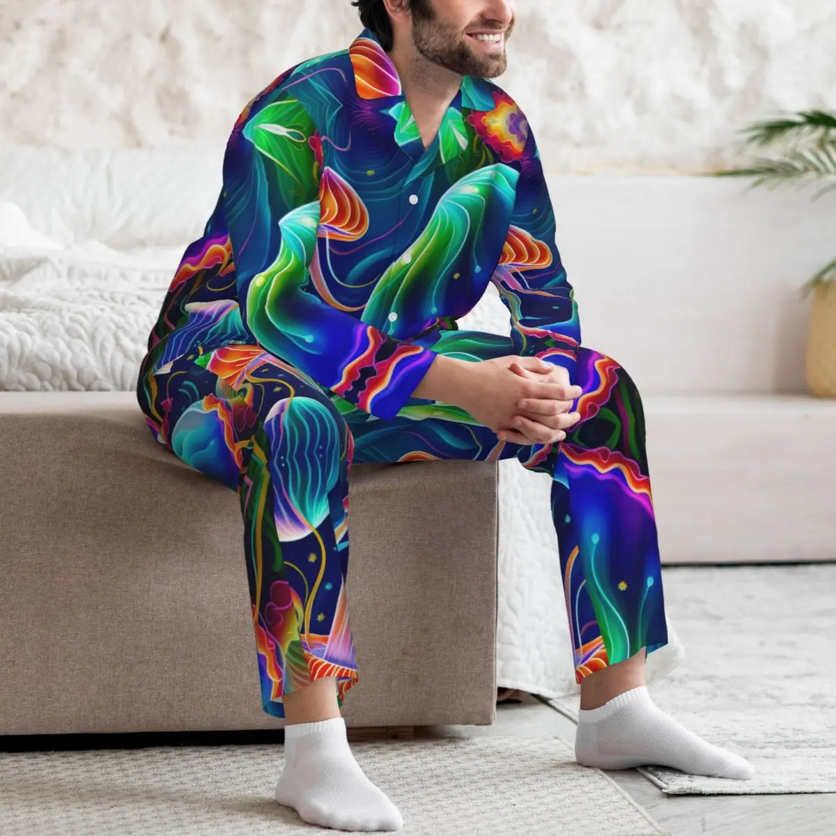 Trajes de casa para hombre, trajes de medusas con pintura colorida de manga larga para pijamas de otoño e invierno para hombre