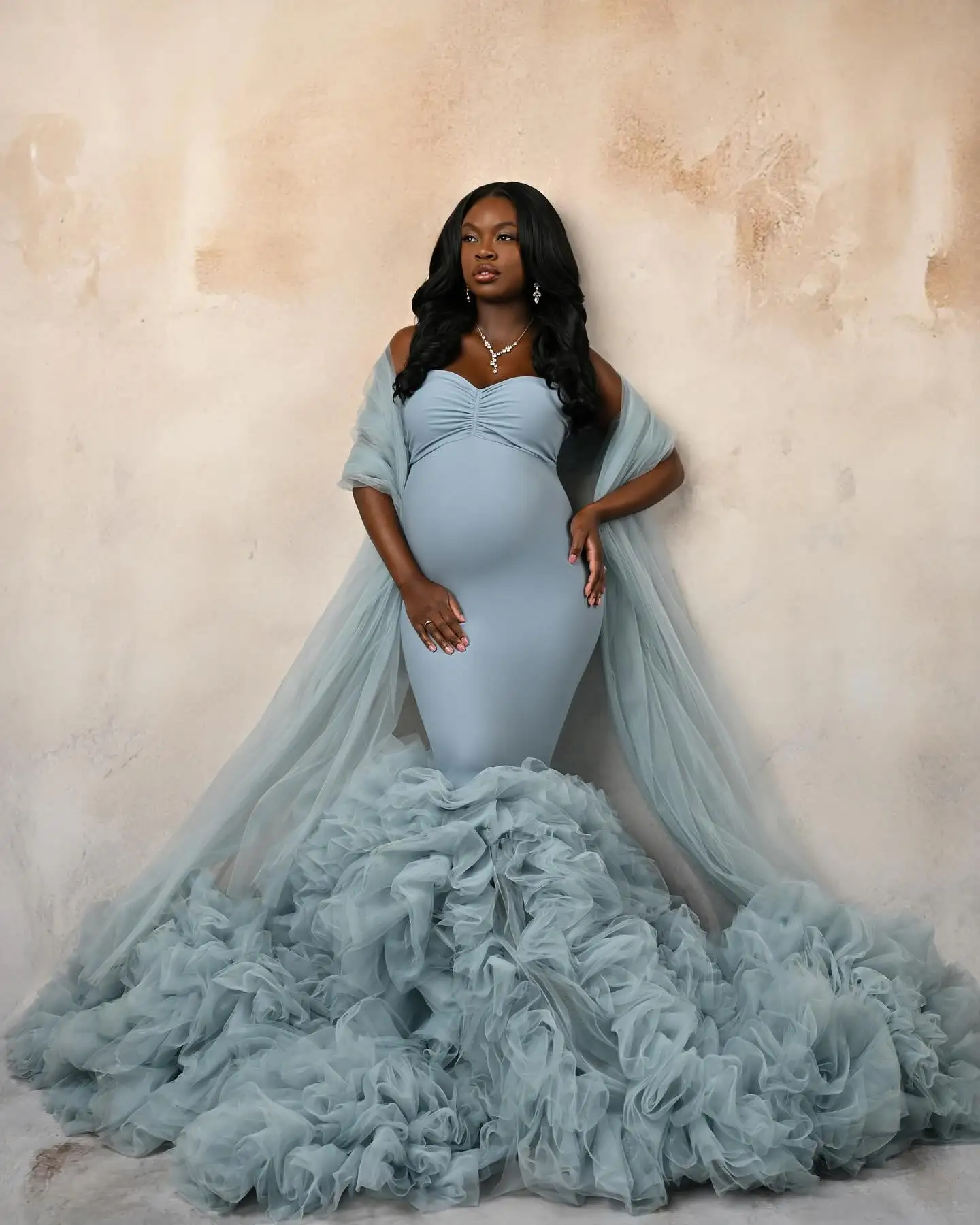 Vestido de maternidade sereia cáqui exclusivo com xales, vestidos de maternidade de tule com camadas inchadas, sessão de fotos, плаajtе для бем onder elemх personalizado