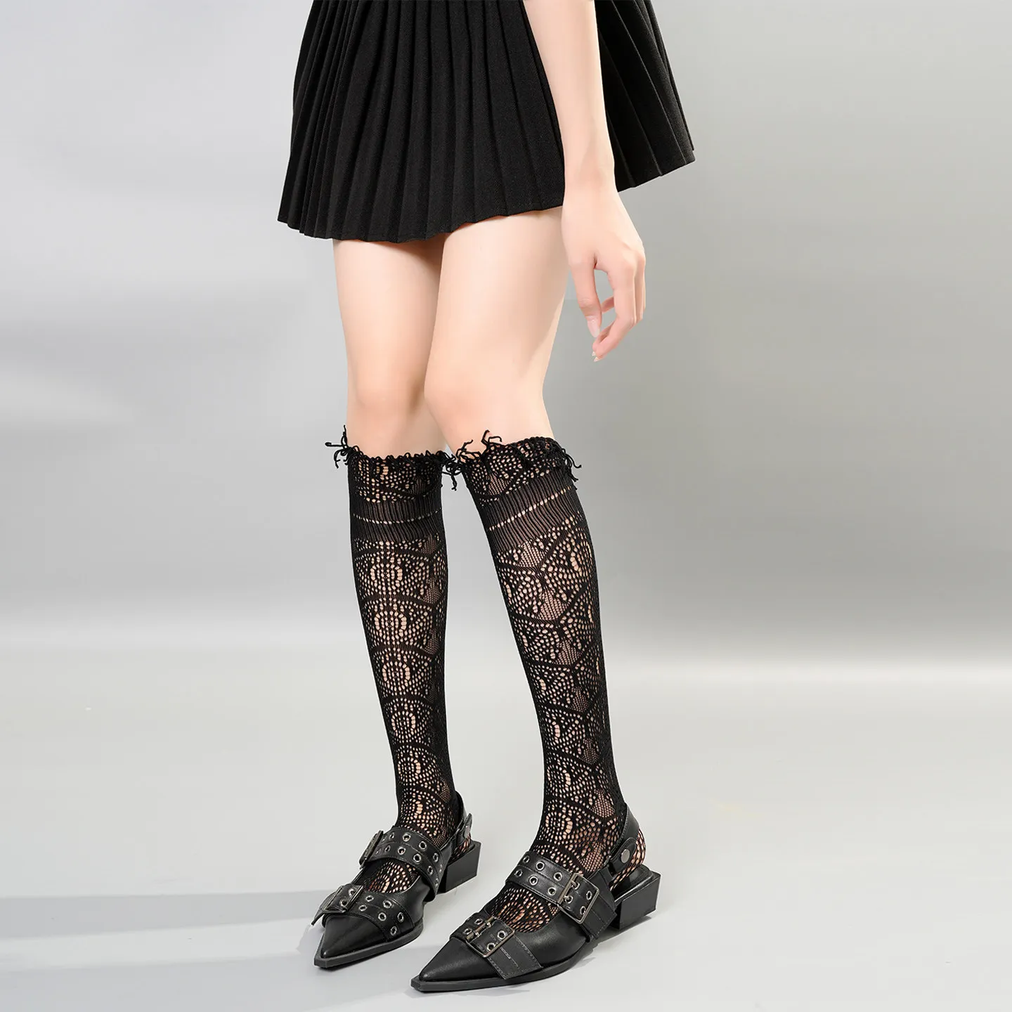 Hohle, dünne Netzstrümpfe im Y2K-Stil, einfarbige Wadensocken, Damenstrümpfe, Jacquard-Spitzen-Kniestrümpfe, oberschenkelhohe Strümpfe