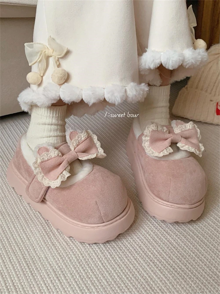 

Women Cotton Shoes Home Slippers Sweet Lace Bow Bean Shoes Mary Jane Shoes Women's Winter Wearing Cotton Shoes