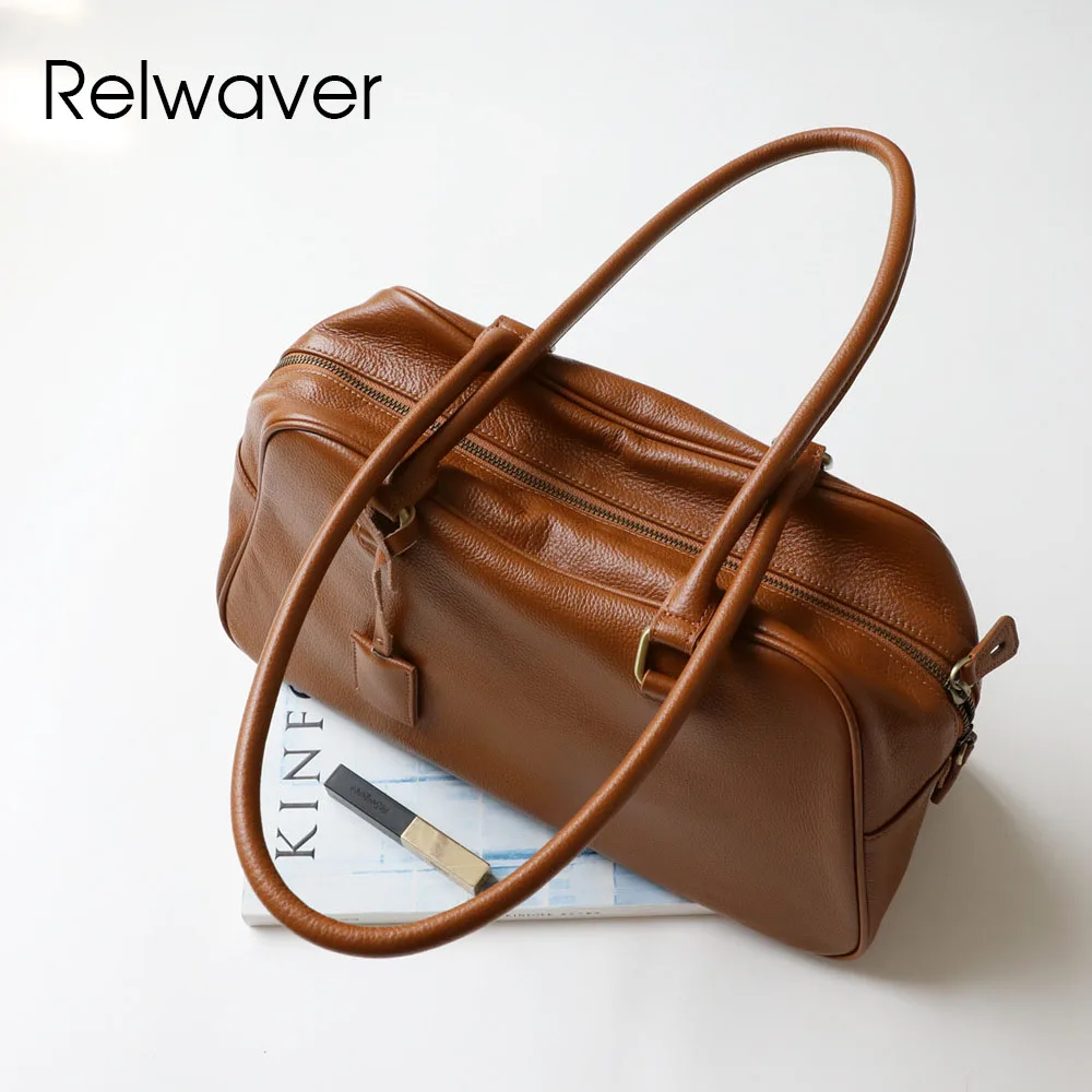 Relwaver women tote bag genuine leather handbags 2024 winter big capacity bowling bag vintage style women shoulder bag