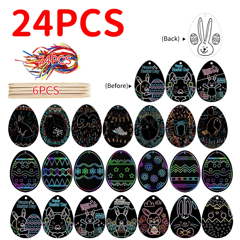 24PCS Colorful Scratch Painting Set DIY Fillable Easter Eggs Crafts Kit Scratch Off Cards Paper Ornaments Children Gift