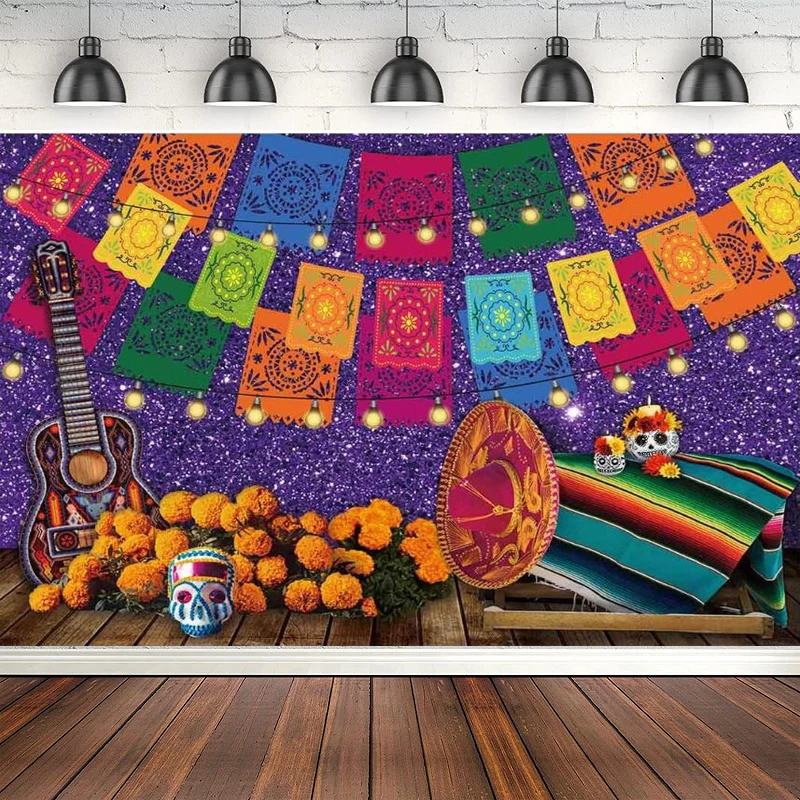 

Mexican Fiesta Theme Photography Backdrop Purple Day Of The Dead Party Background Cinco De Mayo Colorful Flags Wall Banner Decor