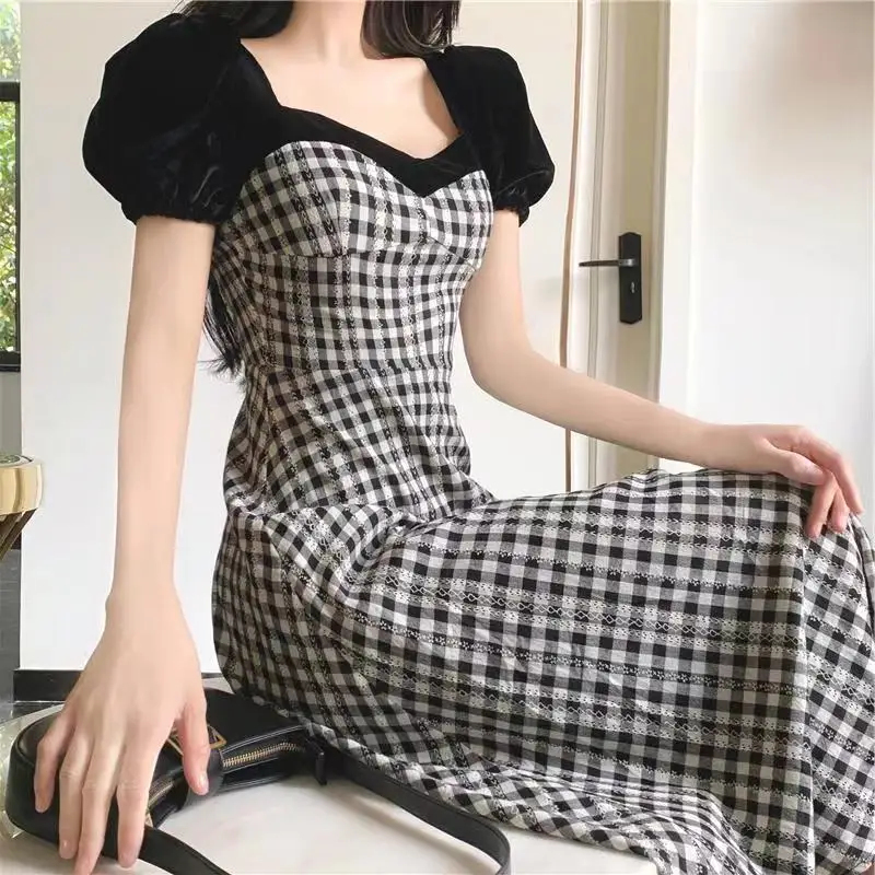 2023 Summer New Square Neck Puff Sleeve Waist Retraction Midi Dress Women Fashion Casual Sweet Fake Two Pieces Vintage Dresses