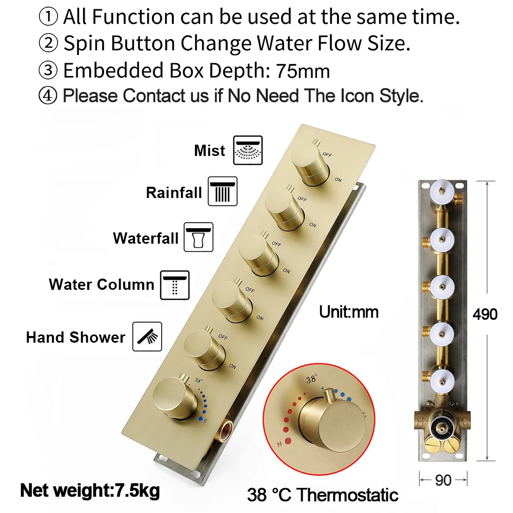 M Boenn 35*12 Inch Brushed Gold Music LED Shower Head Bathroom Rainfall  Shower System Set Thermostaic Concealed Diverter Mixer