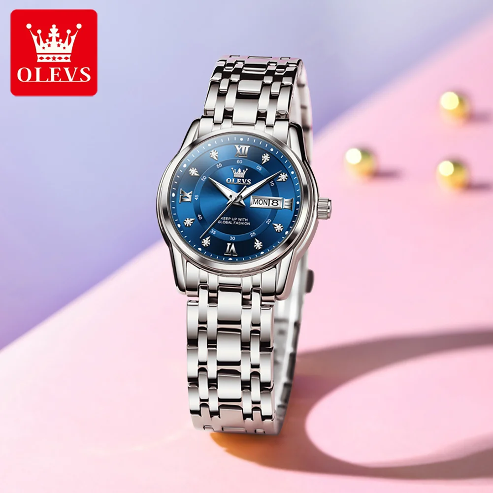 OLEVS 5513 ساعة نسائية أصلية أنيقة كوارتز ساعة مقاومة للماء مضيئة تاريخ الأسبوع ساعات لصندوق هدايا المرأة