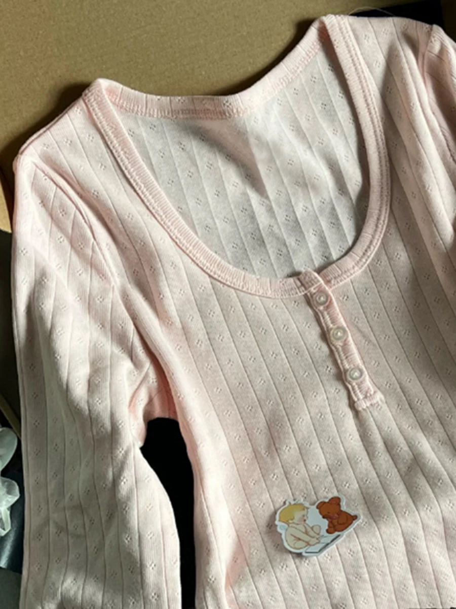 Hollow Out Pink Long Sleeve T-Shirt Summer Round Neck Buttons Cotton Slim Sexy Top for Woman Vintage Sweet Cute y2k Tops Chic