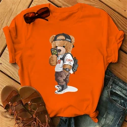 Women's Short Sleeve T-shirts Summer Printed Orange Funny Bear Harajuku Style 100%Cotton Tops y2k Streetwear Casual Tee Female