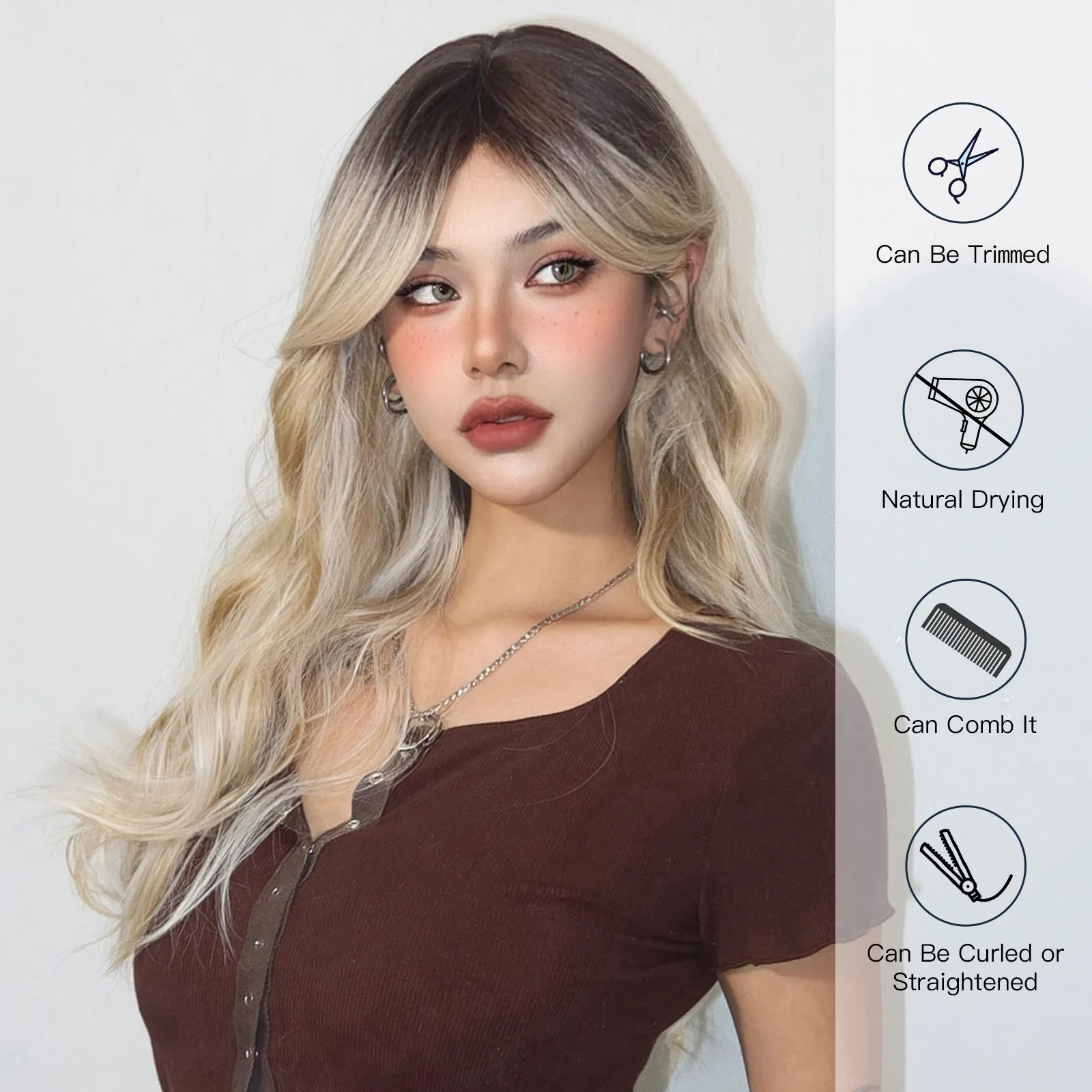 Blonde White Synthetic Wigs for Women Long Highlight Layered Wavy Wig with Bangs Cosplay Party High Temperature Fiber Girl Wigs