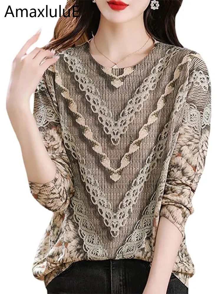 

Amax LuluE 2025 Spring Korean Womens Luxury Loose Printed Knitted Tee Shirts Ladies Fashion Vintage Floral Tops Leisure Clothing