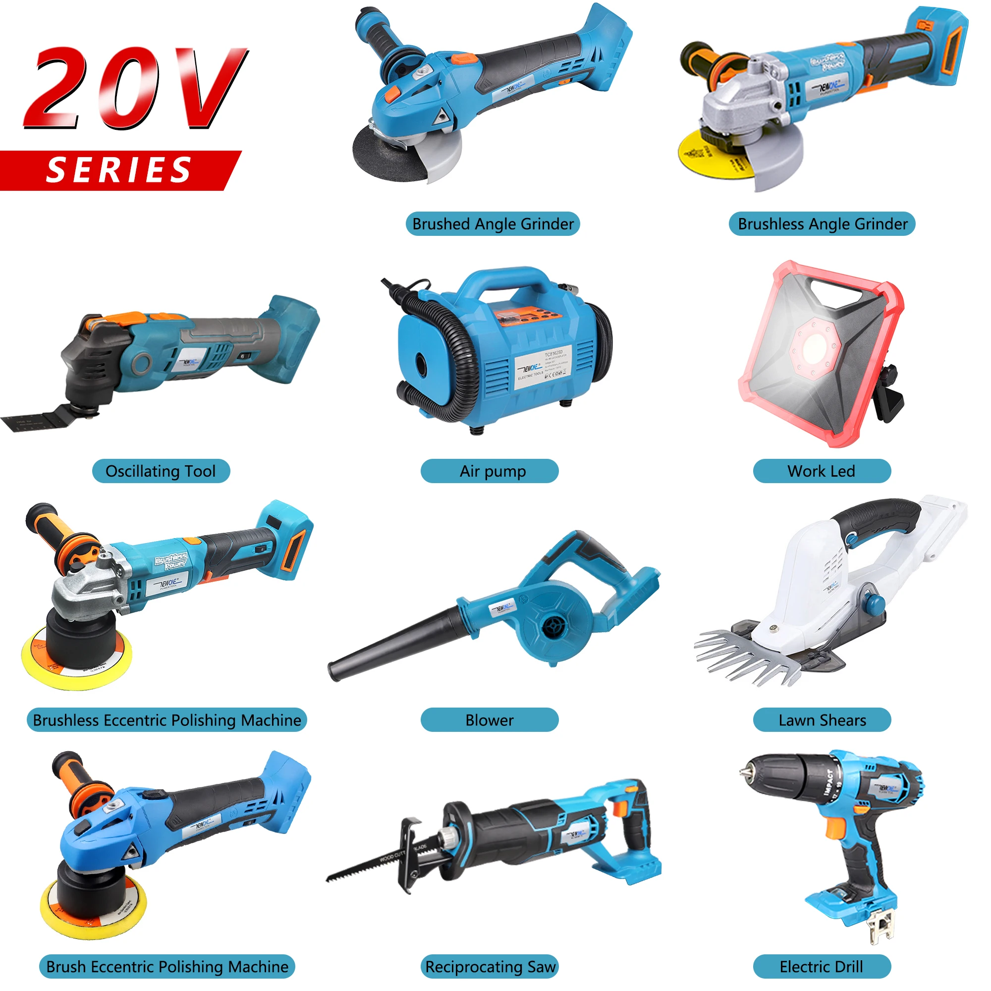 20V Brushless Angle Grinder/Dual Action Polisher/Electric drill/Lawn Mower/Air Inflator/Recip-Saw/Jig Saw Series Bare Power tool