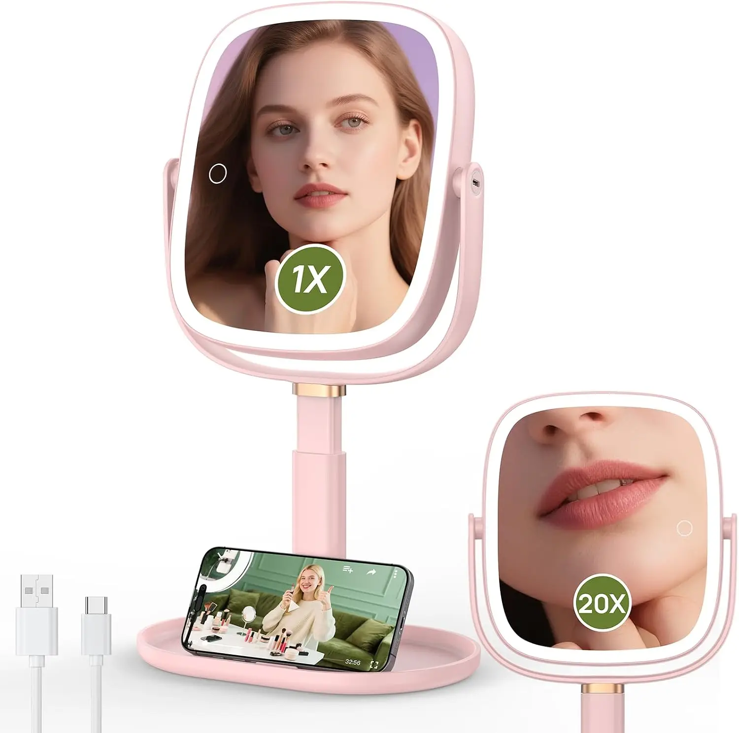 

Height Adjustable Lighted Makeup Mirror, 1X 20X Magnification, 4000mAh Rechargeable, Tray Base & Phone Stand, Pink