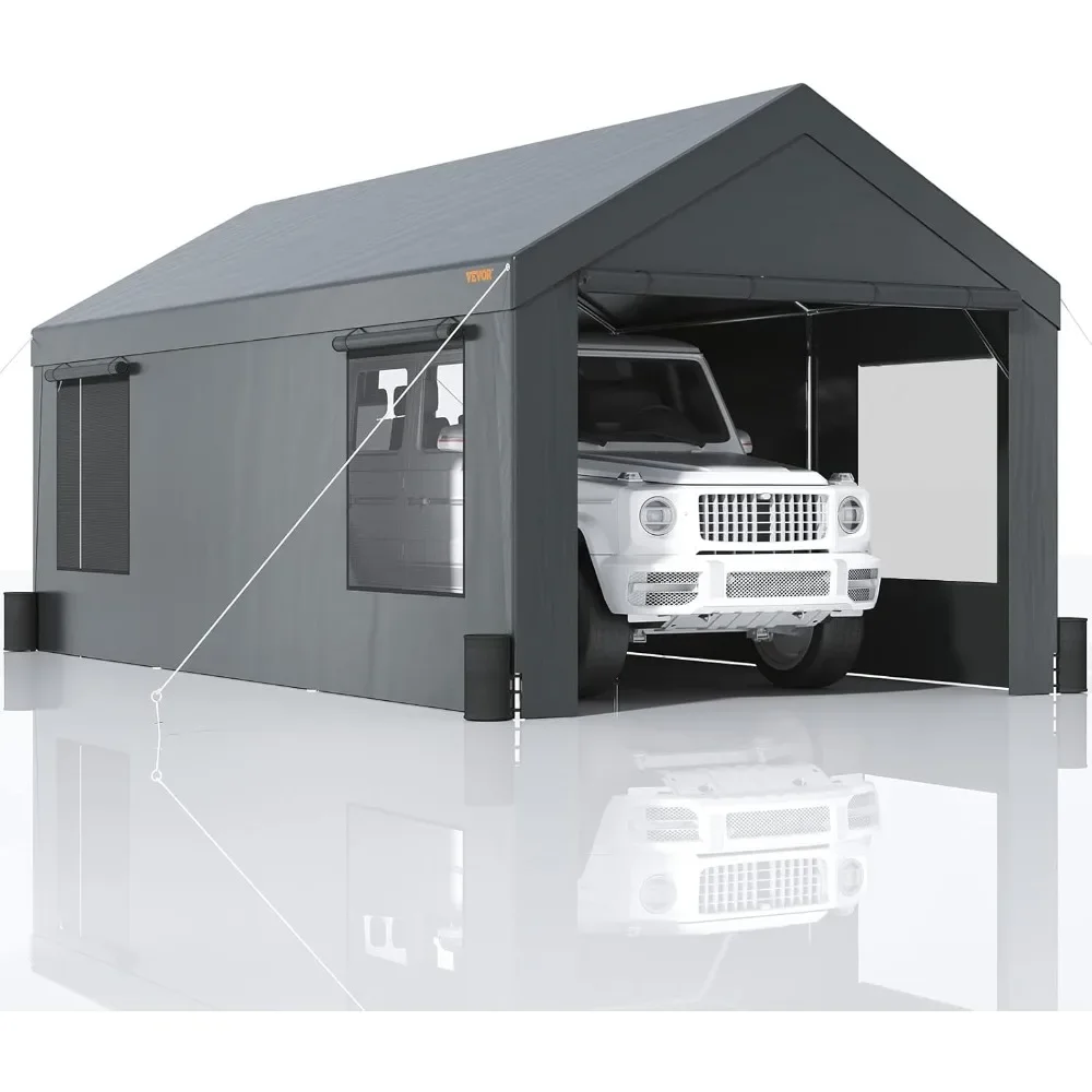 10x20ft, Heavy Duty Car Port with Roll-up Ventilated Windows & Removable Sidewalls, UV Resistant Waterproof All-Season Tarp