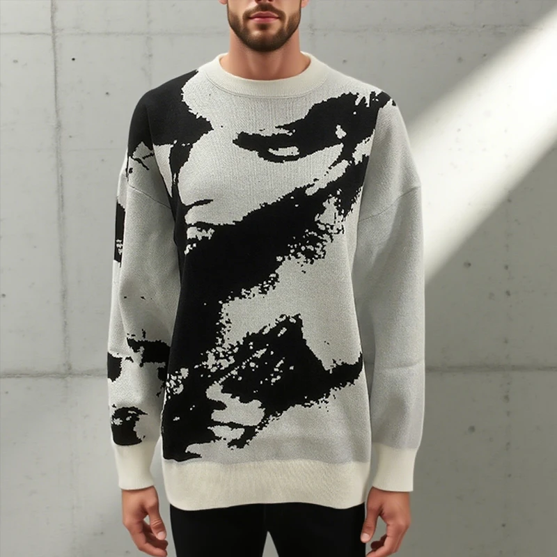 Nieuwe emo unisex Y2K streetwear patroon gebreide trui - retro zwart wit portret herfst en winter warme trui top