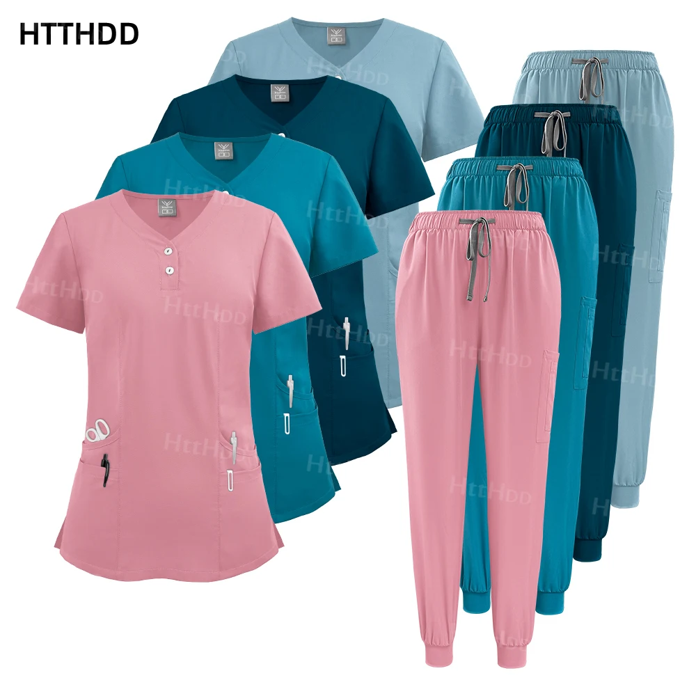 

Hospital Workwear Dental Scrub Surgical Gown Women Breathable Short Sleeved Top Joggers Pants Suit Nursing Articles SPA Uniforms