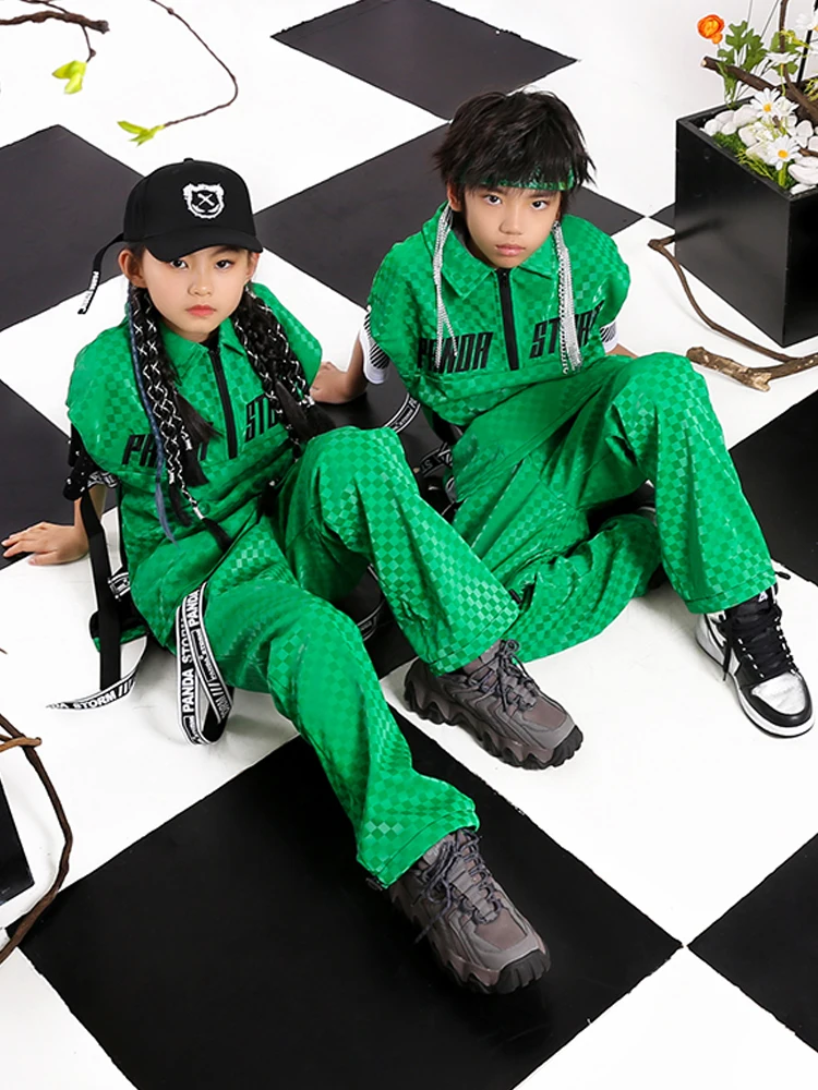 Verde Plaid gilet pantaloni bambini Hip Hop Costume ragazze ragazzi Street Dance vestiti estate allentato abbigliamento Casual moderno Rave vestiti BL8127