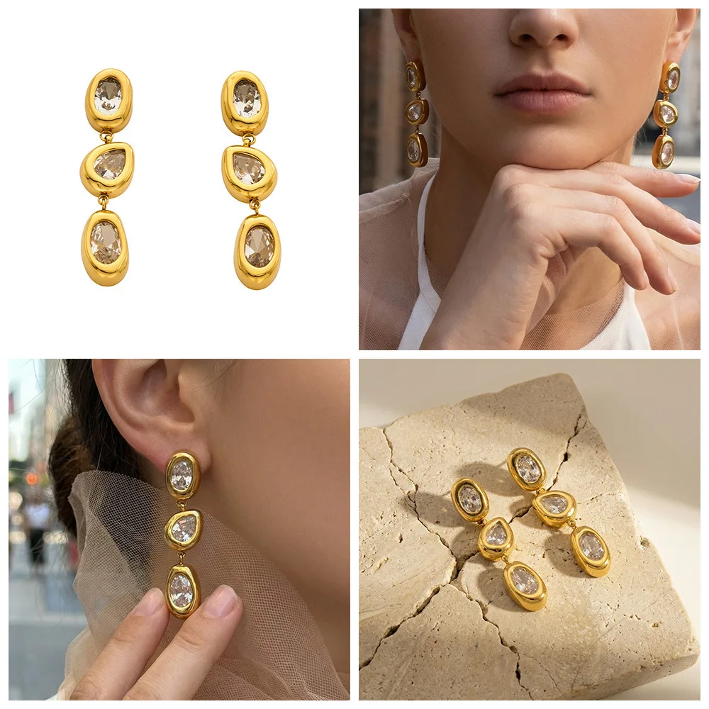 

Ins Earrings with Irregular Water Droplet Fringe Design, Inlaid with Zircon Stainless Steel Thick Gold Electroplated Earrings