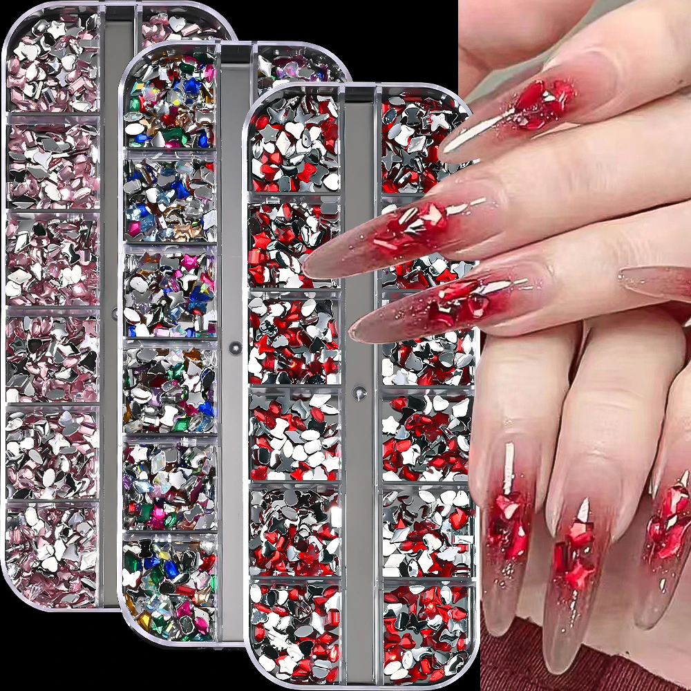 12 grades 3d mix coração/estrela/flor cristal parte traseira plana gemas de unhas colorido brilhante mini strass multi forma unhas diamantes jóias