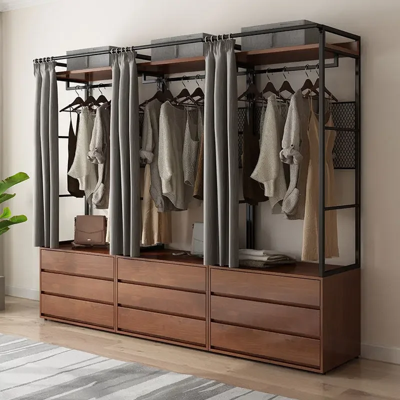 Pure solid wood wardrobe new 2025 bedroom home wardrobe metal wrought iron steel frame structure wholesale hats r &
