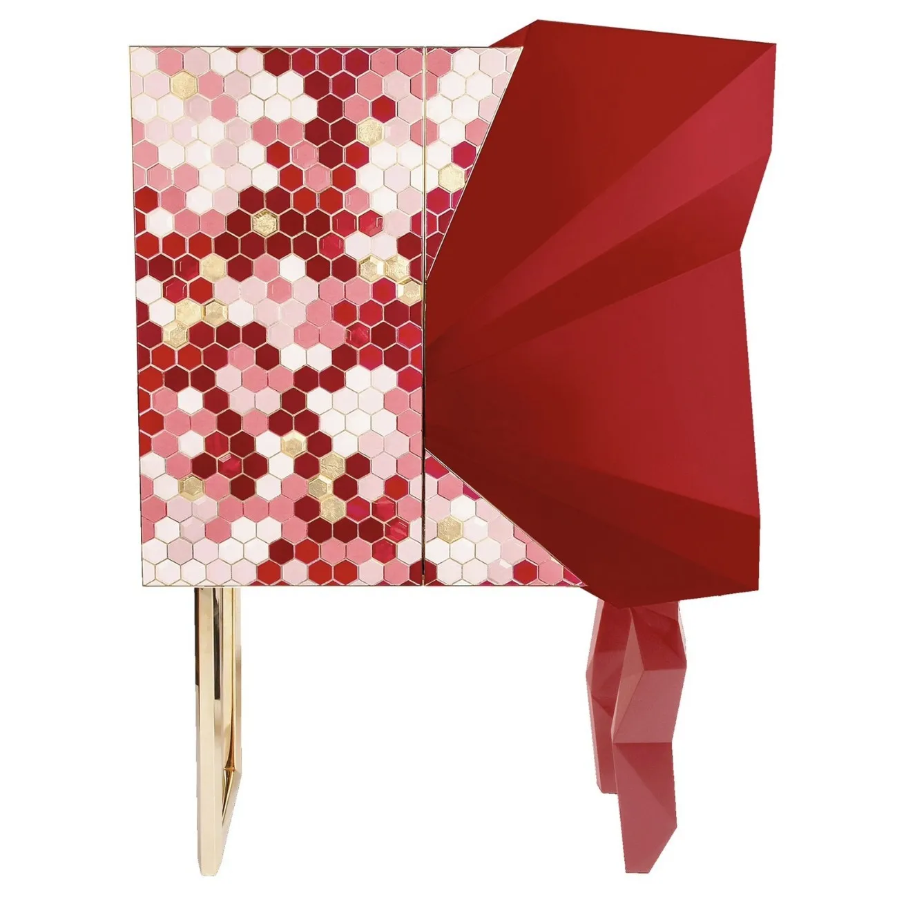 Metal support foot angular burgundy abstract side panel minimalist decorative cabinet