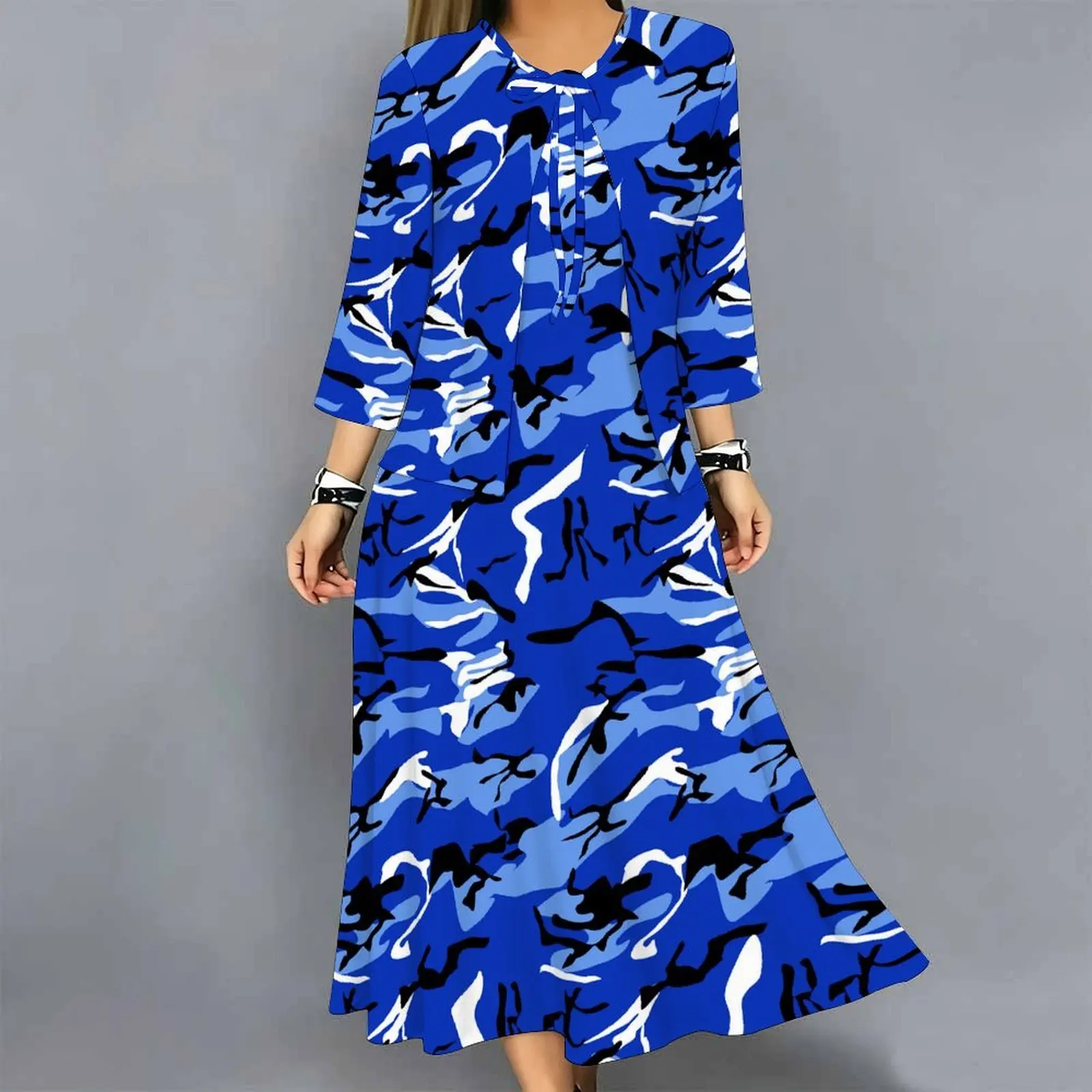 Women 2 Piece Dress Set Print 3/4 Sleeve Cardigan and Midi Dress Loose Casual Vacation Ladies Outfit