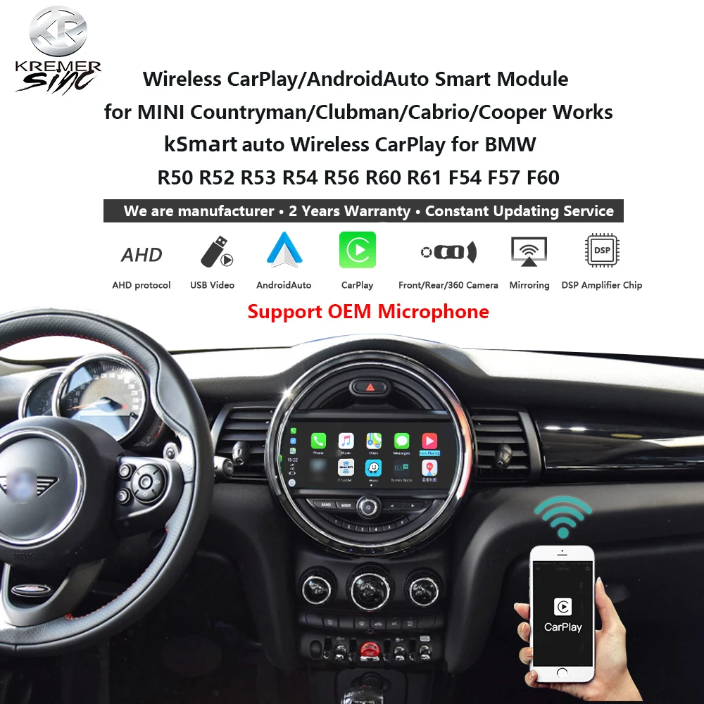 Wireless Apple CarPlay Android Auto Retrofit for MINI Countryman/Clubman/Cabrio/Cooper Works R50 R52 R53 R54 R56 R60 R61 F54 F57