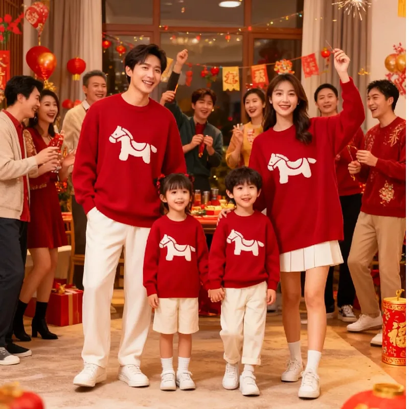 2026 New Year Family Matching Red Zodiac Animal Sweater for Chinese New Year Parent Child Couple Outfit Winter Holiday Party