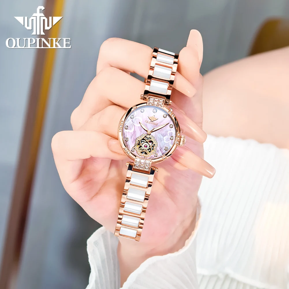 OUPINKE 3183 Women Watch Luxury Hollow Elegant Diamond Rose Gold Ceramic Strap Women All Automatic Mechanical Watch Reloj Mujer
