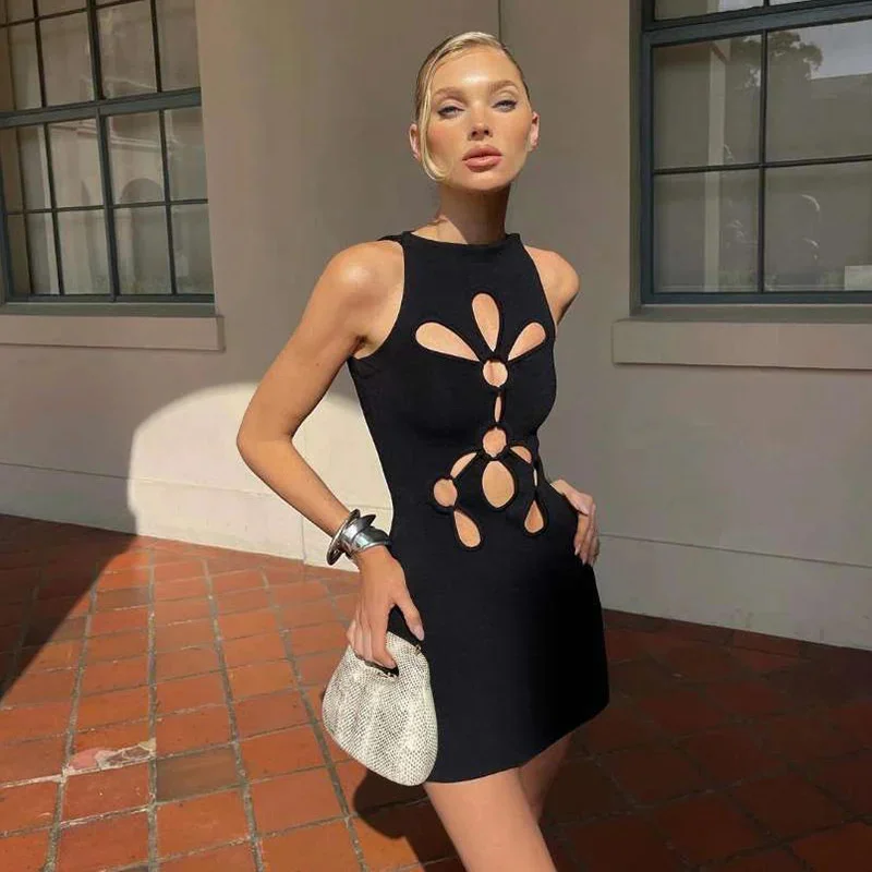 Sexy Hollow Out Midi Dresses Casual Slim O-Neck Sleeveless Off Shoulder Solid Short Skirts Fashion Elegant Style Mid Waist Dress