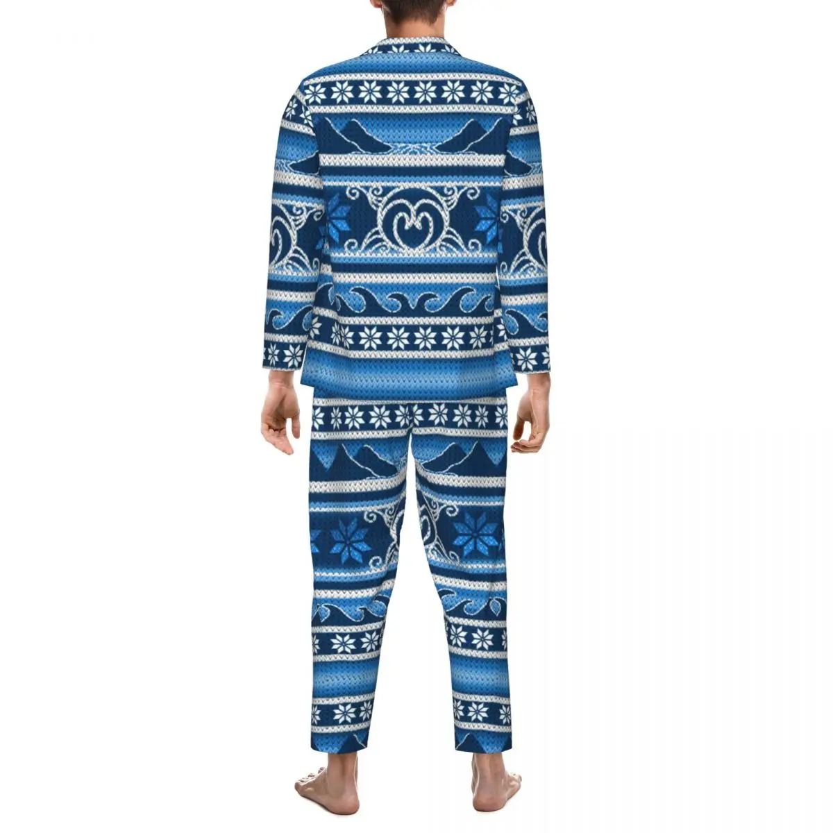 Ensemble de pyjamas College rétro pour hommes, vêtements de nuit doux, 2 pièces, décontracté, bleu, nordique, graphique, automne, hiver