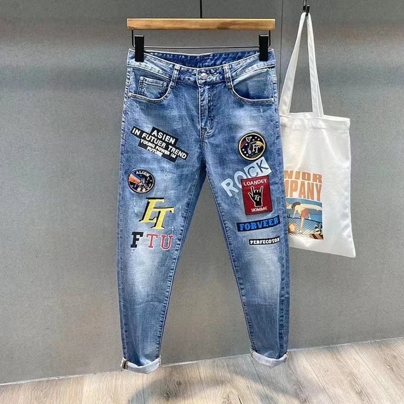 Erkekler kot moda sokak Hip-Hop kot erkek Punk tarzı Denim pantolon yaz bahar erkekler sıkı Slim Fit yüksek kalite Mans kot