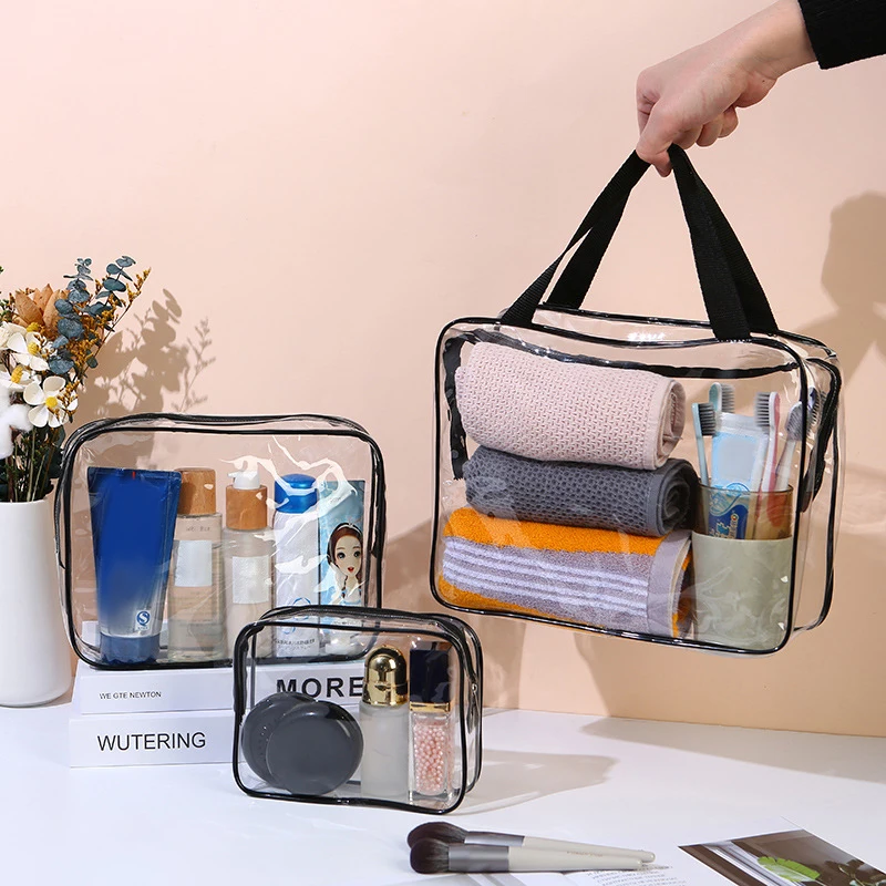 Borsa cosmetica trasparente borsa per il trucco trasparente con cerniera da donna in PVC custodia per il trucco da viaggio borsa per il lavaggio