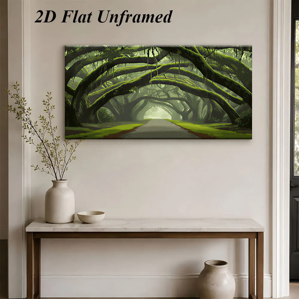 (1PC Unframe)1 green forest tunnel frameless decorative painting, modern natural landscape decorative painting, 2D plan