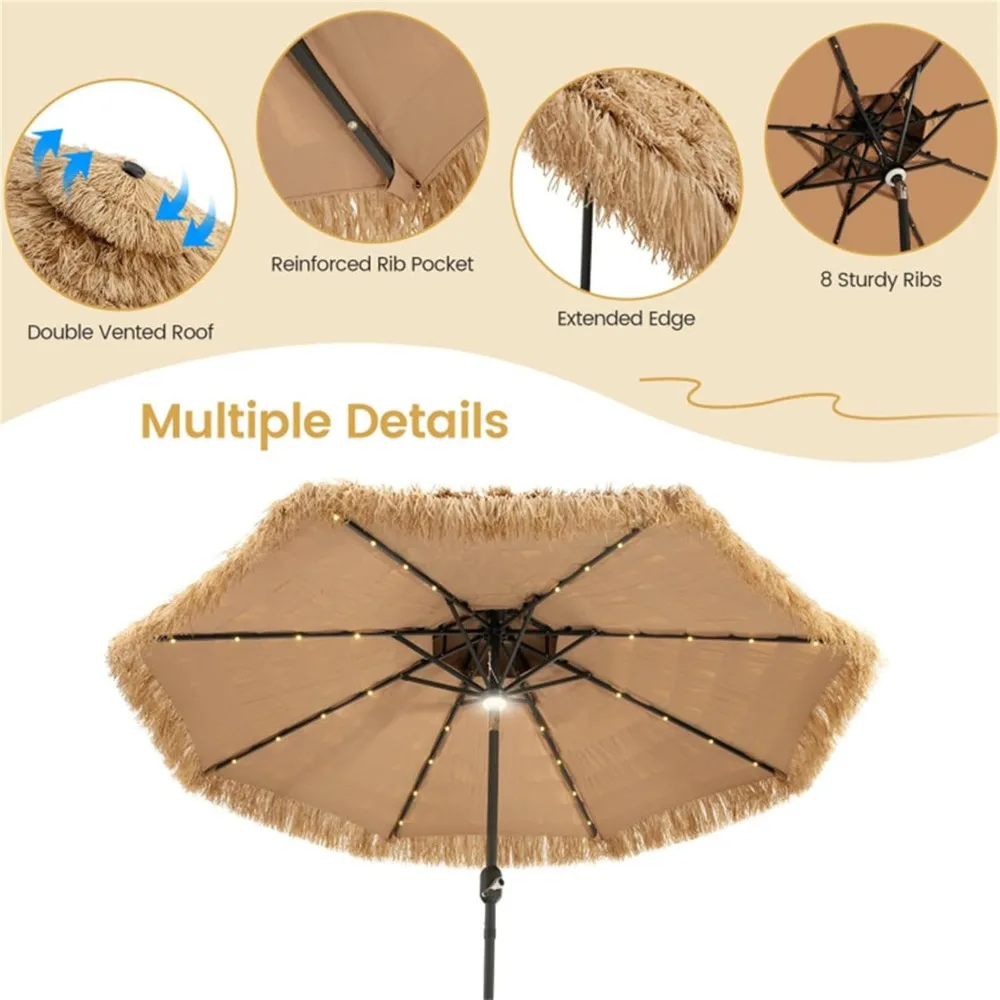 Grand ombrage d'extérieur parapluie, pont coupe-vent avec lumières solaires, durable et résistant à la décoloration, résistant à la rouille, parapluies