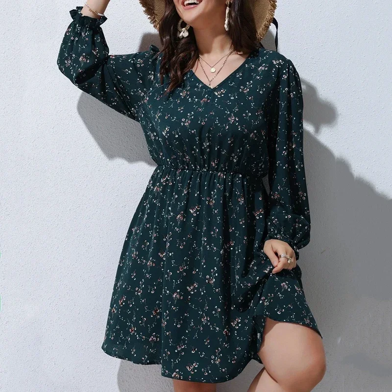 Plus Size Floral Print A-line Dress Women Long Puff Sleeve High Waist Elegant Spring Casual Midi Boho Dress Large Size 6XL 7XL