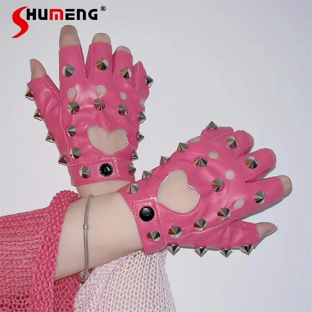 2024 Punk Rivet Y2K 2000s Hot Girl Fashion Black Leather Gloves Female Love Hollow Out Motorcycle Locomotive Gloves  Accessories