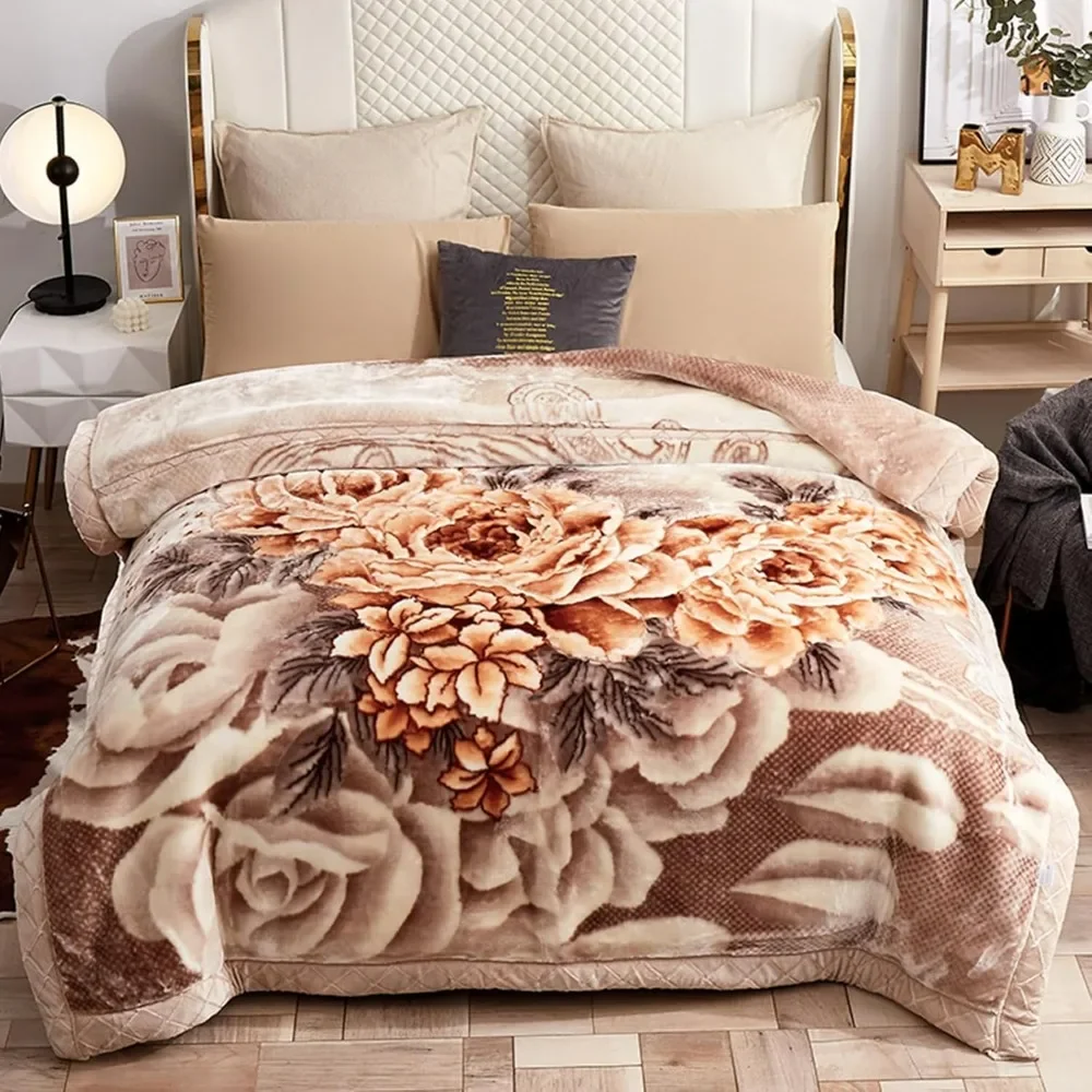 

Wool plush 78 * 90 inches 2-layer mink, peony pattern 9.9 pounds, soft and comfortable in autumn and winter (khaki color)