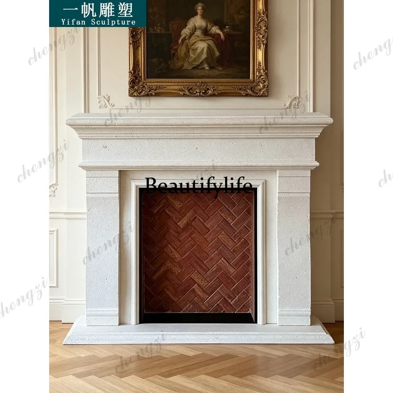 Natural lime stone fireplace marble fireplace French American retro beige stone fireplace
