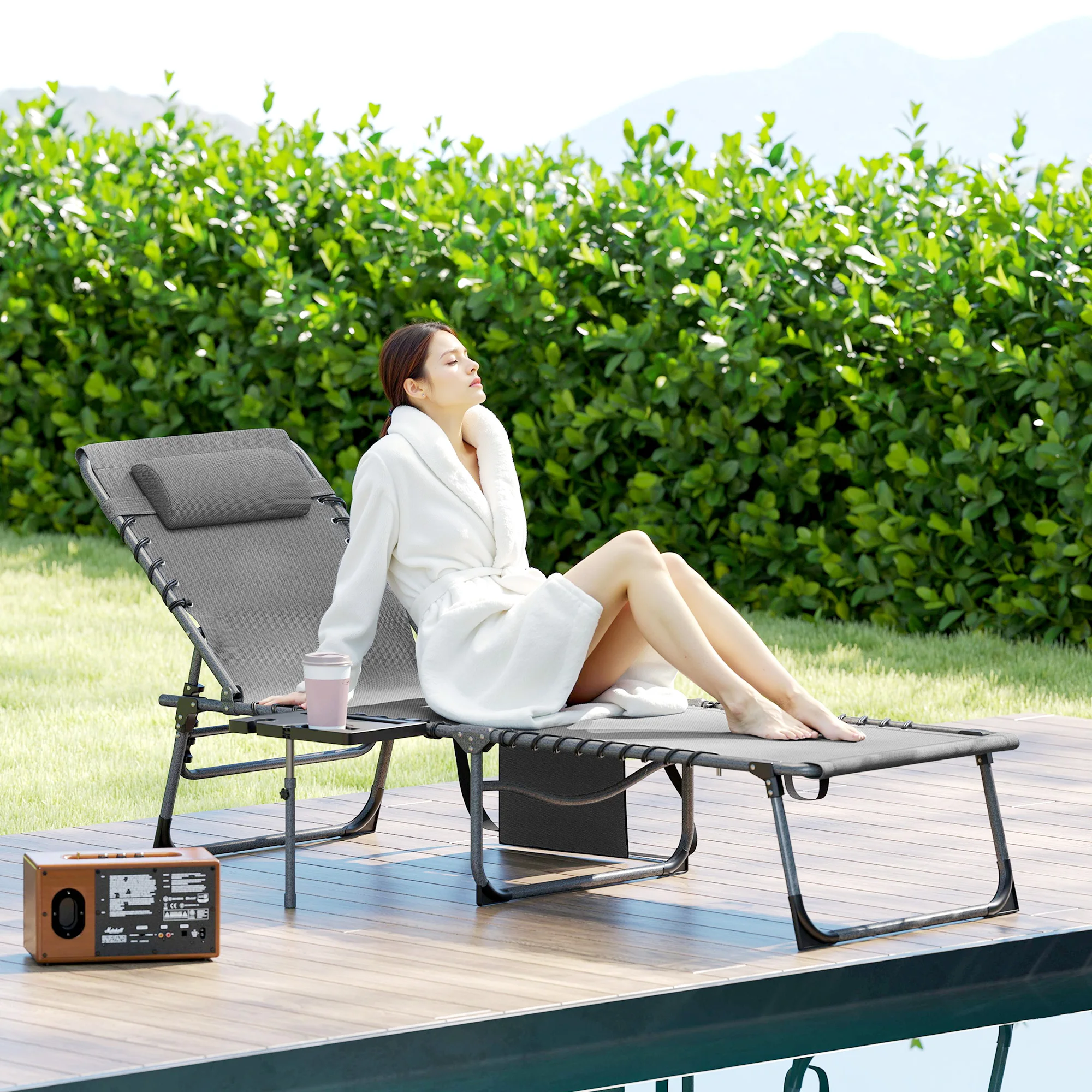 Outsunny Folding Chaise Lounge Tanning Chair W/ Adjustable Back, Gray