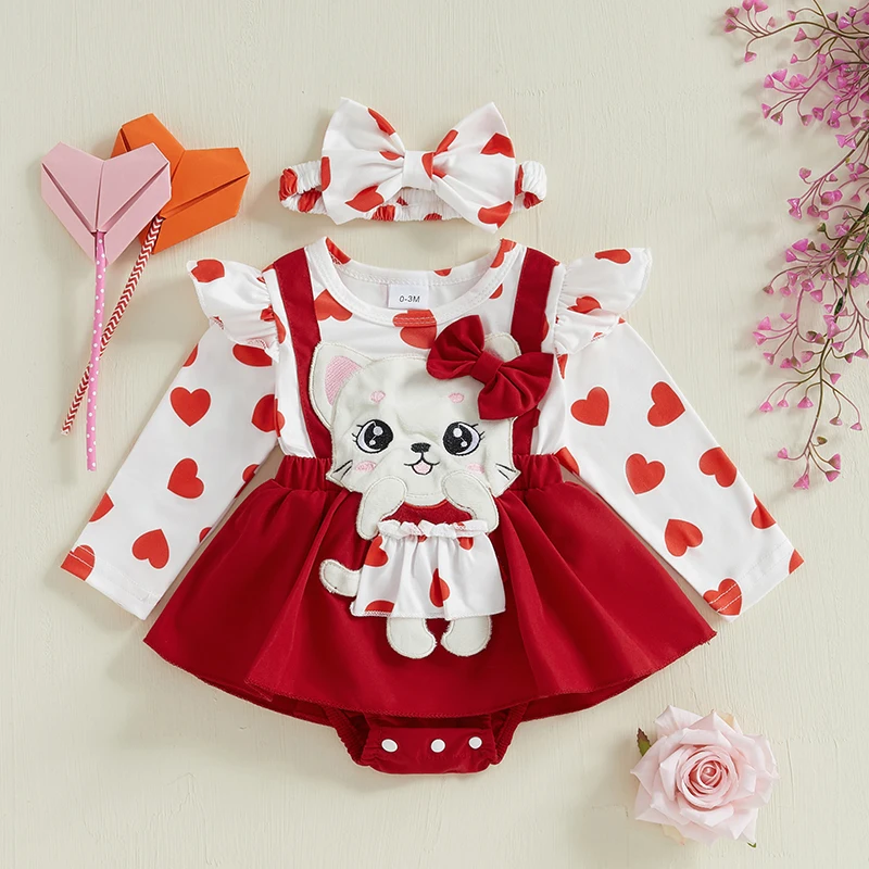 Newborn Girl Outfit, Long Sleeve Cartoon Cat Heart Print A-line Romper Dress with Bowknot Headband Valentine’s Day Clothes