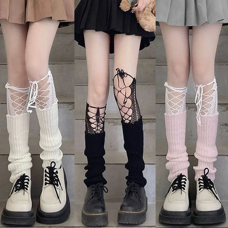 Y2K Sweet Knitted Leg Warmers Kawaii JK Lotita Lace Bow Leggings Cross Strap Tie-up Long Socks Over Knee Streetwear Boot Cuffs