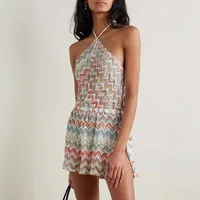 Women Halter Neck Zigzag Print Knit Romper, Sleeveless Backless Multicolor Chevron Jumpsuit, Summer Beach Playsuit