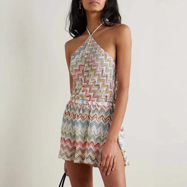 Women Halter Neck Zigzag Print Knit Romper, Sleeveless Backless Multicolor Chevron Jumpsuit, Summer Beach Playsuit