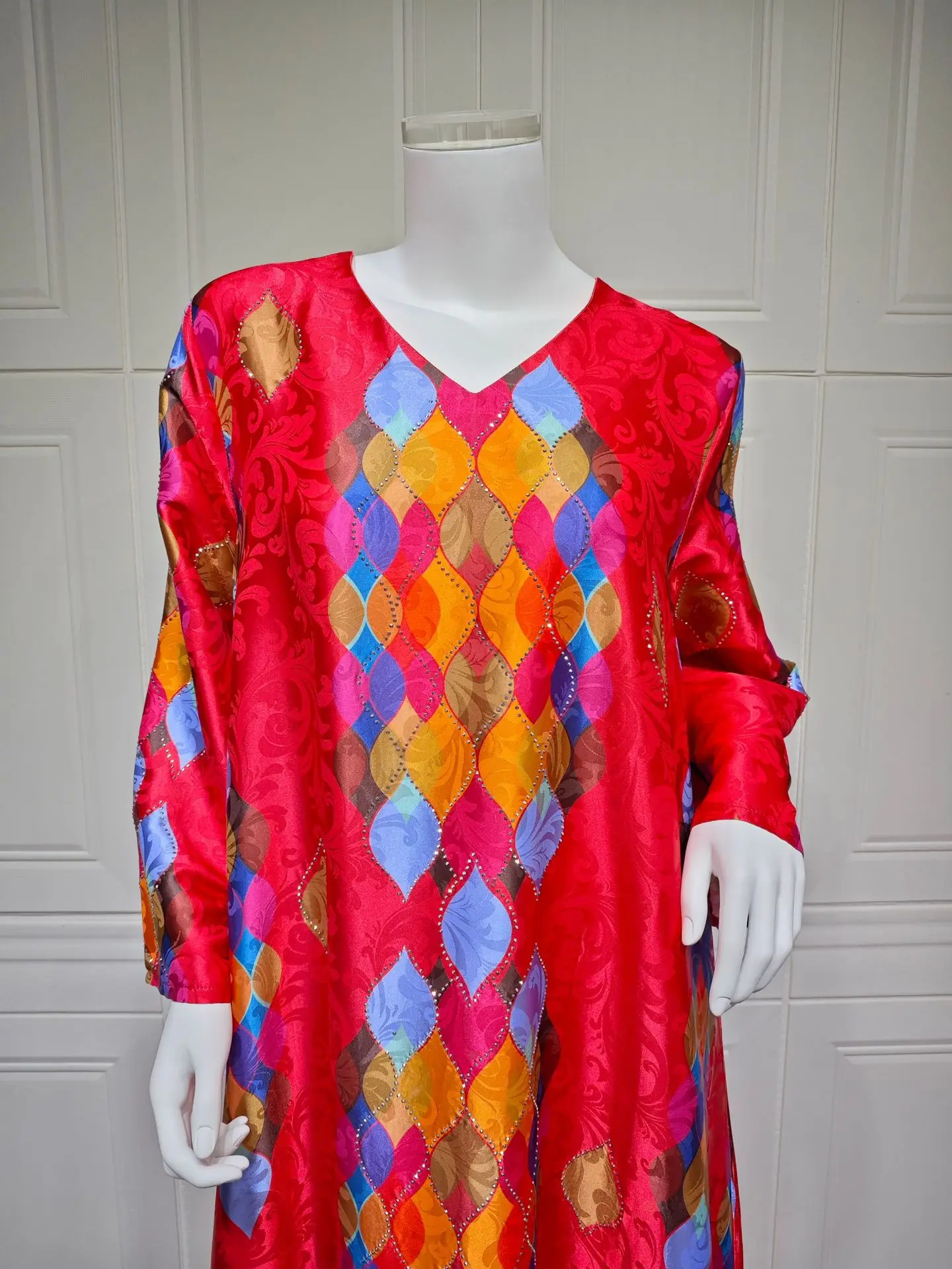 Muslim cross-border printing hot diamond v-neck elegant long-sleeved dress Middle Eastern women's long skirt robe-GZXX642
