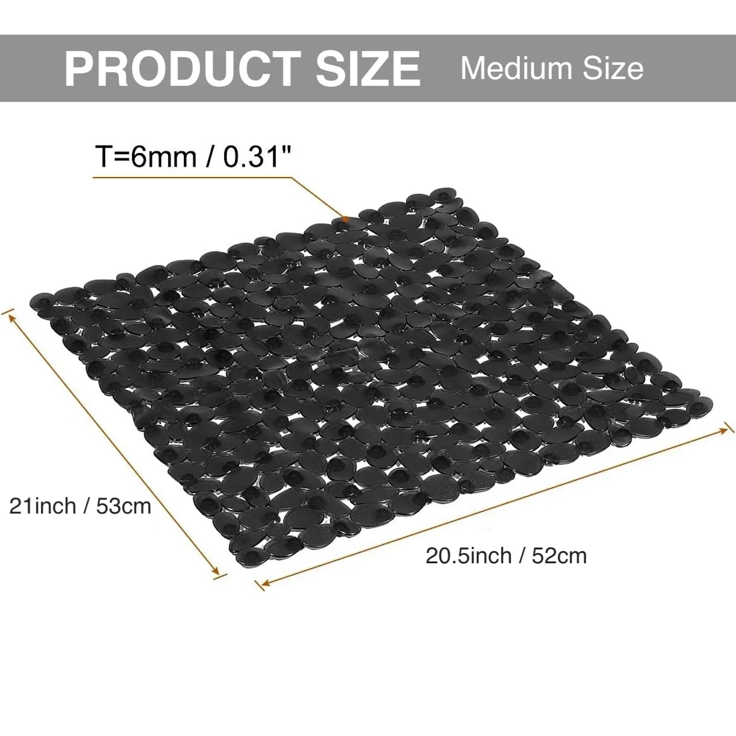 52x53cm Premium Non-Slip Pebble Bath Mat, PVC Shower Mat with Strong Suction Cups & Quick Drain Holes for Bathtub