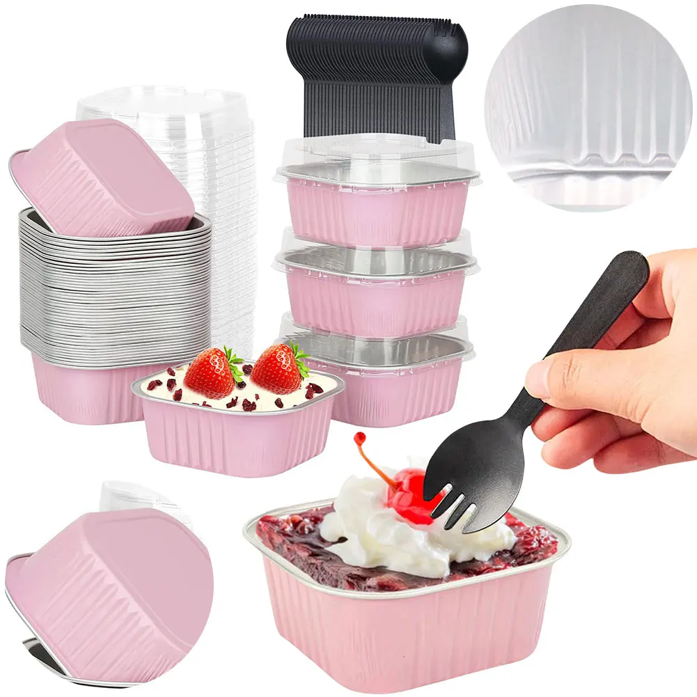 

25Pcs 150ml Square Mini Cake Pans with Lids & Spoons Disposable Cupcake Cups Square Dessert Cups for Muffins Cupcakes Pudding