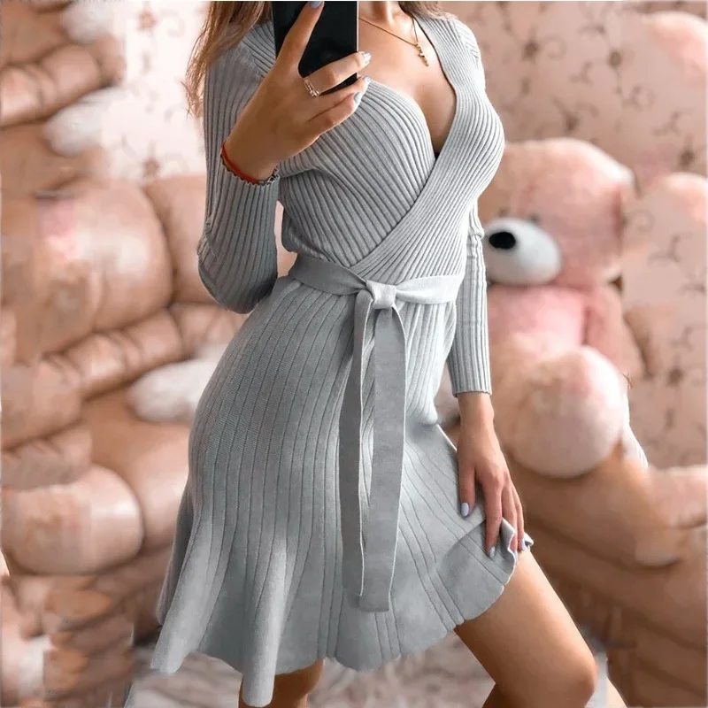 

Ruffle Sash Sweater Dress Grey Women Knitwear Casual Fashion Temperament Sweaters Office Ladies Elegant Knitted V Neck Dresses