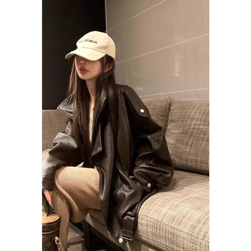 

YYAHAS осенне-зимняя мотоциклетная куртка с лацканами в стиле ретро, простое и модное уличное ветрозащитное кожаное пальто