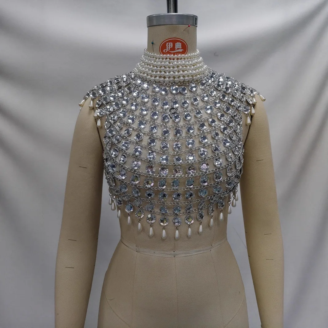 Sexy Openwork Teardrop Pearl Patchwork Top For Women Baroque-Style Design, Form-Fitting Halter Neckline, Outer Vest