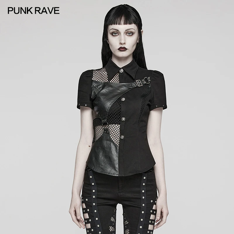 

PUNK RAVE Women's Punk Asymmetrical Twill Embossing Shirt Overlap Triangle Piece and Mesh Handsome Slim Women Tops